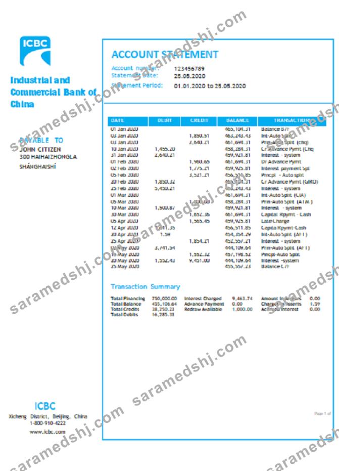 China Industrial and Commercial Bank of China bank statement template, Word and PDF format